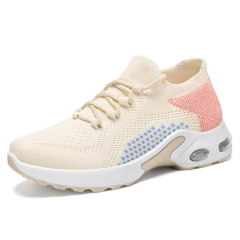 New at Buy Center: Lace-up Air Cushion Sneakers Women Flying Woven Breathable Casual Mesh Shoes Summer Beige