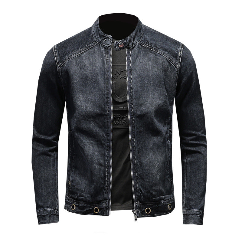 Men's Stand-up Collar Dark Blue Motorcycle Vintage Zipper Denim Coat Buy Center