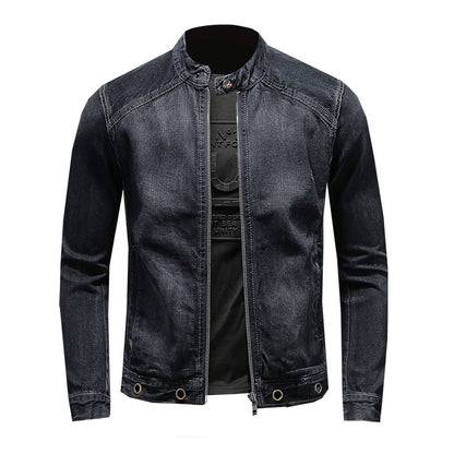 Men's Stand-up Collar Dark Blue Motorcycle Vintage Zipper Denim Coat Buy Center