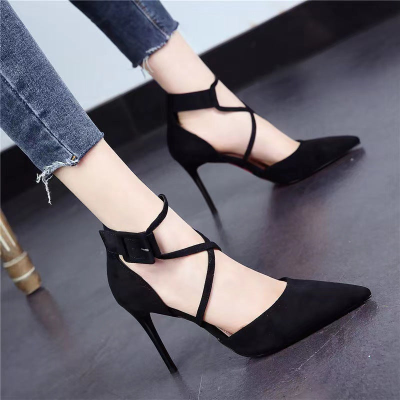 Buy Center Top Rated-Pointed High Heel Shoes Elegant Cross Lace-up Shoes Suede