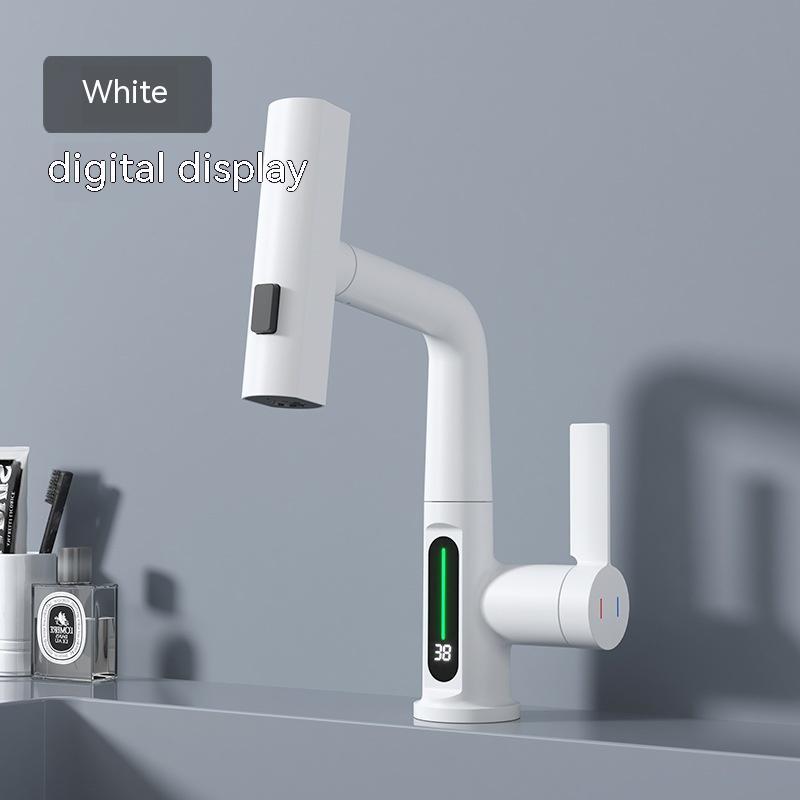 Intelligent Digital Display Faucet Pull-out Basin Faucet Temperature Digital Display Rotation White Digital Display