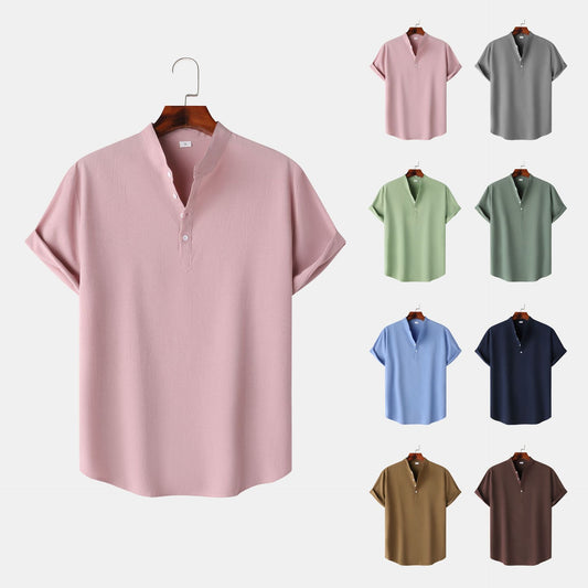 Shop Now at Buy Center-Men's Linen Short Sleeve Pullover Shirt Solid Color Stand Collar