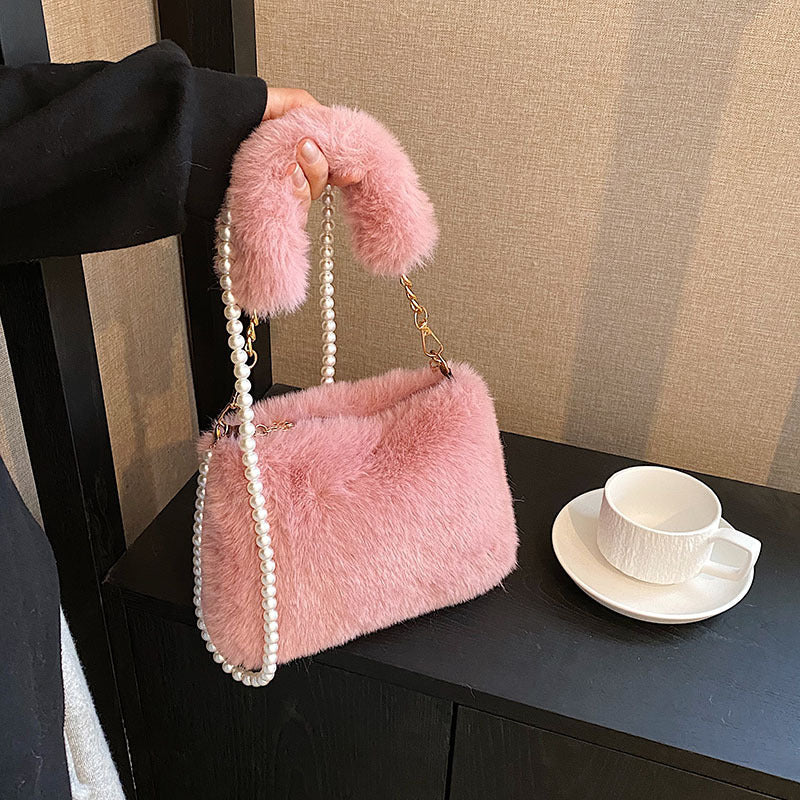 Sac en peluche avec chaîne de perles pour femme de style coréen