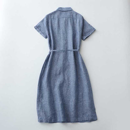 Linen Front Half-open Buckle Waist Lace-up Short Sleeve Dress Buy Center