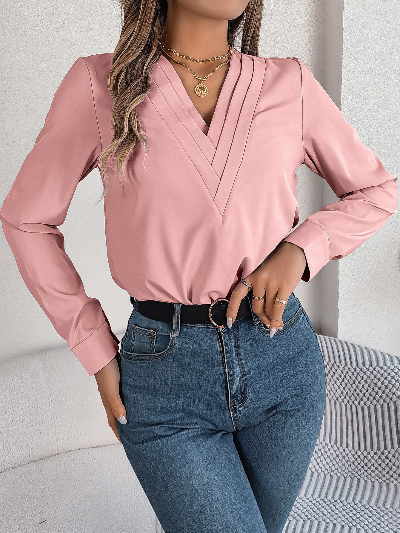 Fresh Arrivals at Buy Center: Fashion V-Neck Long Sleeve Shirt Elegant Commuter Solid Color Blouse Women's Clothing Pink