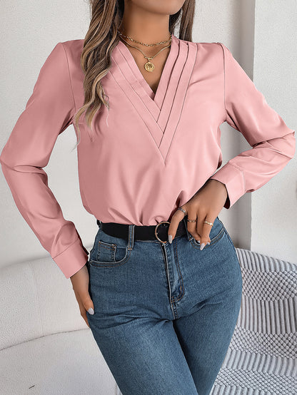 Fresh Arrivals at Buy Center: Fashion V-Neck Long Sleeve Shirt Elegant Commuter Solid Color Blouse Women's Clothing Pink