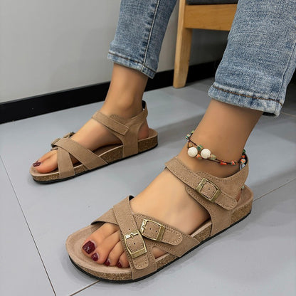 Just Arrived at Buy Center: Women's Belt Buckle Cross Strap Large Size Flat Bottom Casual Slippers Khaki