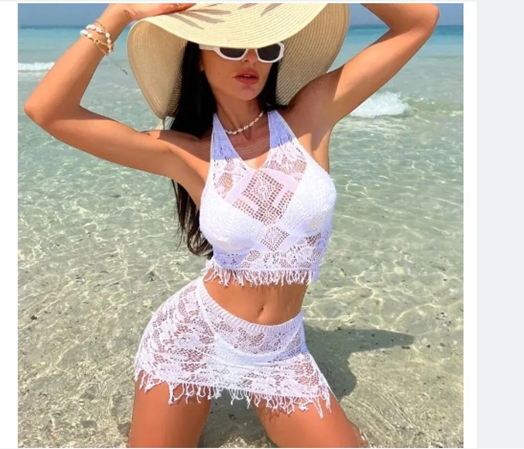 Trending Now at Buy Center: Women's Spring And Summer Beach Cover-up Tassel Skirt Lace Bikini Swimsuit Two-piece