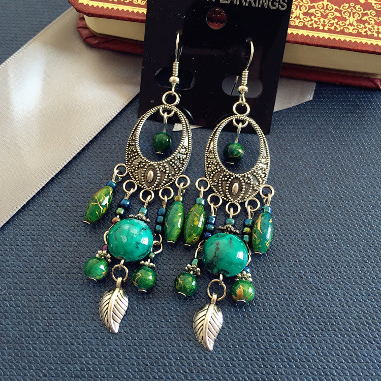 Buy Center Handpicked- Bohemian Retro Ethnic Style European And American Antique Silver Earrings Goddess Style Blue Wave Green