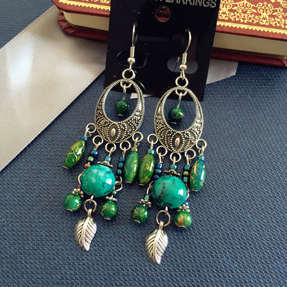 Buy Center Handpicked- Bohemian Retro Ethnic Style European And American Antique Silver Earrings Goddess Style Blue Wave Green