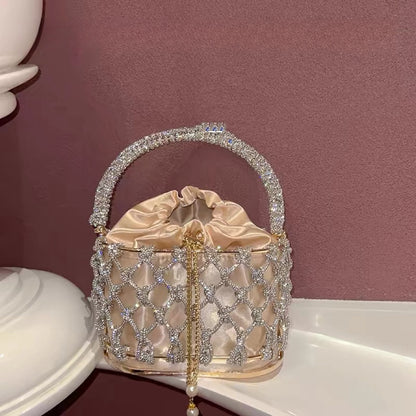 Panier portable en métal tissé à la main de haute qualité avec bande de strass brillants pour cage à oiseaux