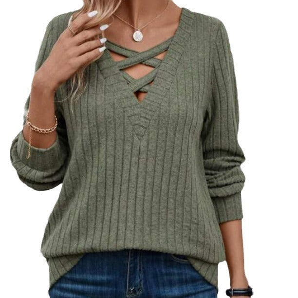 Solid Color Cross Band Women's Knitted Sweater Buy Center