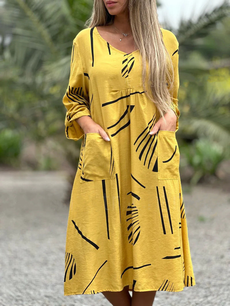 Fresh Arrivals at Buy Center: Fashion Printed V Neck Long Sleeve Dress Casual Loose Straight Dress Women's Clothing Yellow