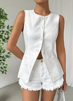 Sleeveless Button Round Neck Elegant Vest