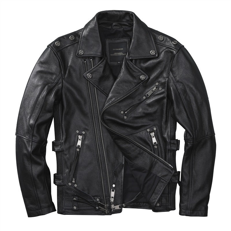 Veste de motard en cuir de vachette souple coupe slim