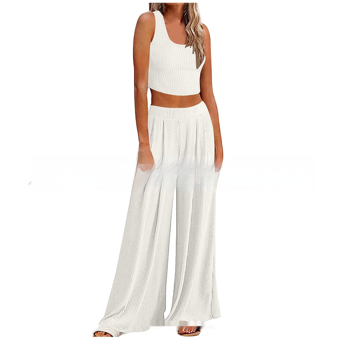 Just Arrived at Buy Center: Pajamas Rib Midriff-baring Top Loose Casual Wide-leg Pants With Pocket Back White