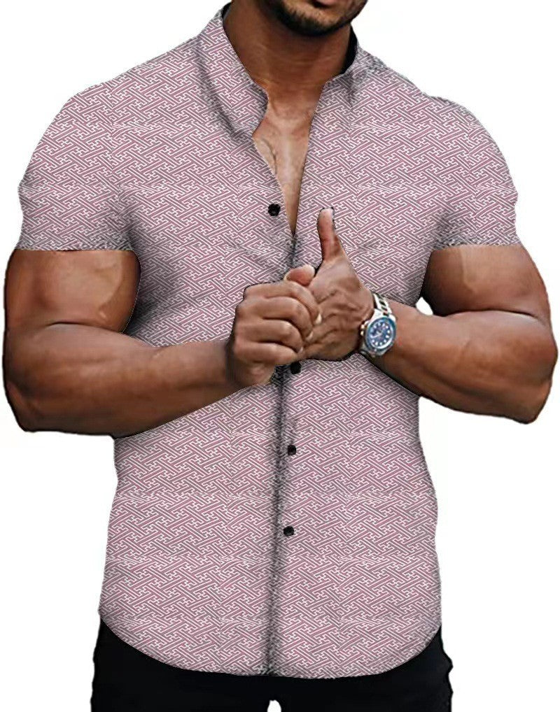 New at Buy Center: Rhombus Printed Short-sleeved Gentleman Shirt Pink