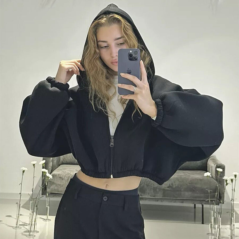 Fresh Arrivals at Buy Center: Casual Solid Color Hooded Short Jacket Y2K Fashion Sports Sweatshirt Long Sleeve Zipper Cardigan Women's Clothing Black