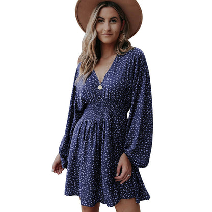 Fresh Arrivals at Buy Center: Polka Print Long Sleeve Dress V Neck Lantern Sleeve Pleated Waist Slim A-line Dress Women's Clothing Navy Blue