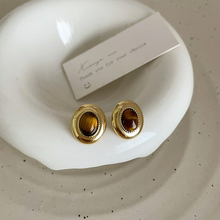 Fresh Arrivals at Buy Center: French Retro Tigereye Metal Stud Earrings For Women Light Luxury Tigereye Earrings