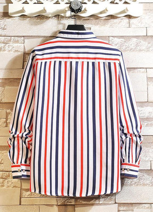 Camisa de rayas verticales estilo coreano de talla grande y manga larga