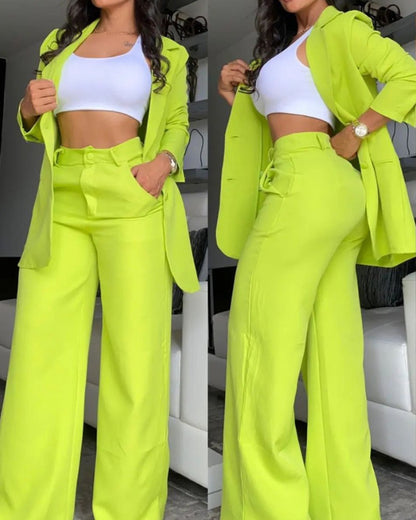 Buy Center Premium-Pure Color Split Sleeve Lapel Suit Straight-leg Pants Suit Women Yellow Green