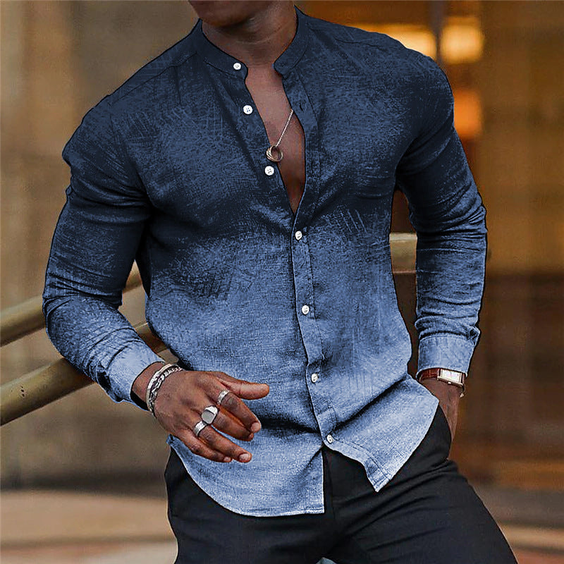 Camisa informal de manga larga con cuello alto y degradado para hombre