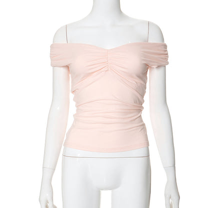 Buy Center Trend-New Solid Color V-neck Sleeveless Pleated Camisole T-shirt Top Pink