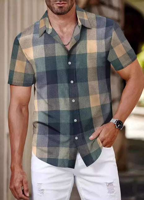 Plaid Shirt Men's Short Sleeve Fashion Korean Style Green | Men's Clothing-Outerwear & Jackets-Men's | Buy Center