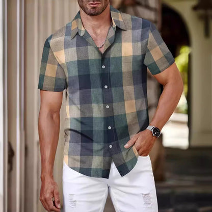 Plaid Shirt Men's Short Sleeve Fashion Korean Style Green | Men's Clothing-Outerwear & Jackets-Men's | Buy Center