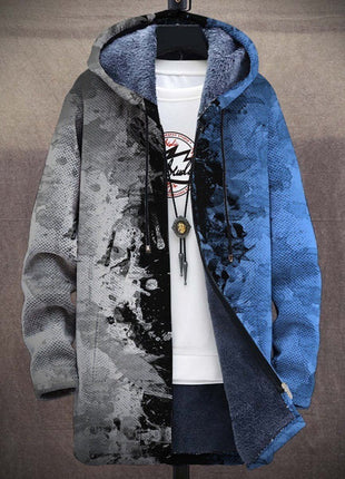 Men's Coat Winter Print Plush Lining Thick Windproof Jacket Long Sleeve Zipper