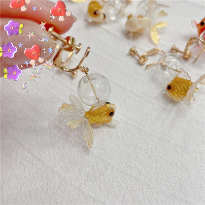 Buy Center Handpicked- Good Luck Koi Goldfish Sweet Glass Ball Earrings Golden Goldfish Ear Clip