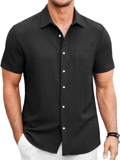 Just Arrived at Buy Center: Men's Summer Solid Color Bubble Wrinkle Simple And Comfortable Daily Short Sleeve Shirt Black