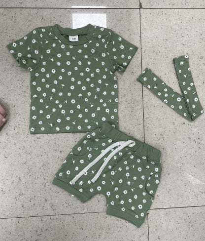 Fresh Arrivals at Buy Center: Girls' Floral Printed Short-sleeved Shorts Headband Suit Green