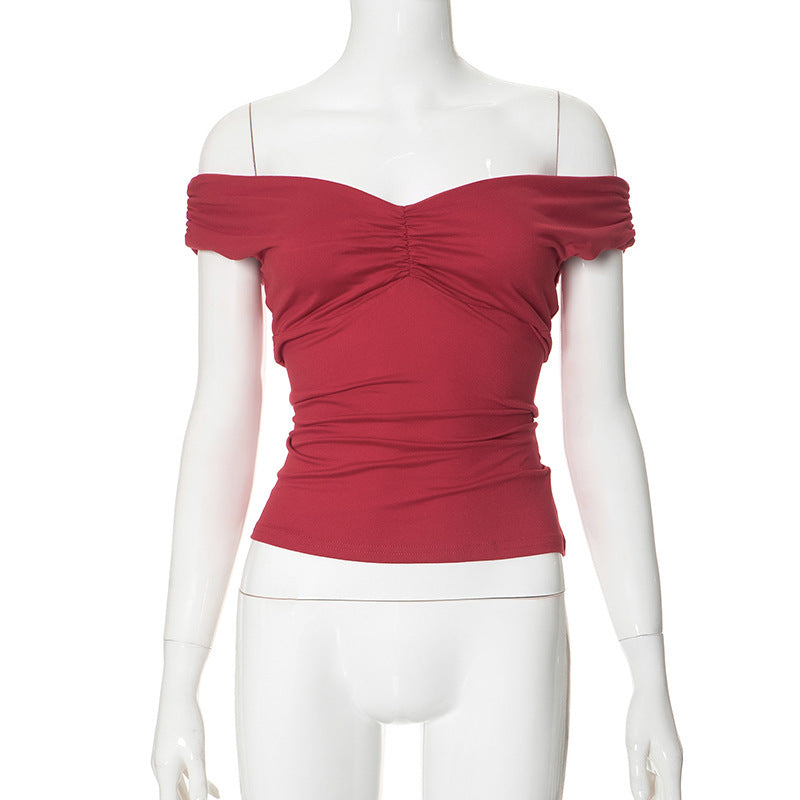 Buy Center Trend-New Solid Color V-neck Sleeveless Pleated Camisole T-shirt Top Red