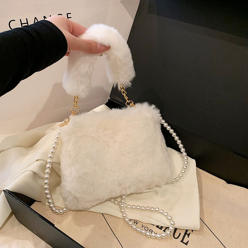 Sac en peluche avec chaîne de perles pour femme de style coréen