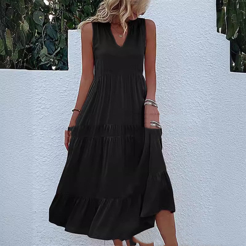 Newly Released at Buy Center: Loose Waist Sleeveless V-neck Swing Solid Color Length Dress Black