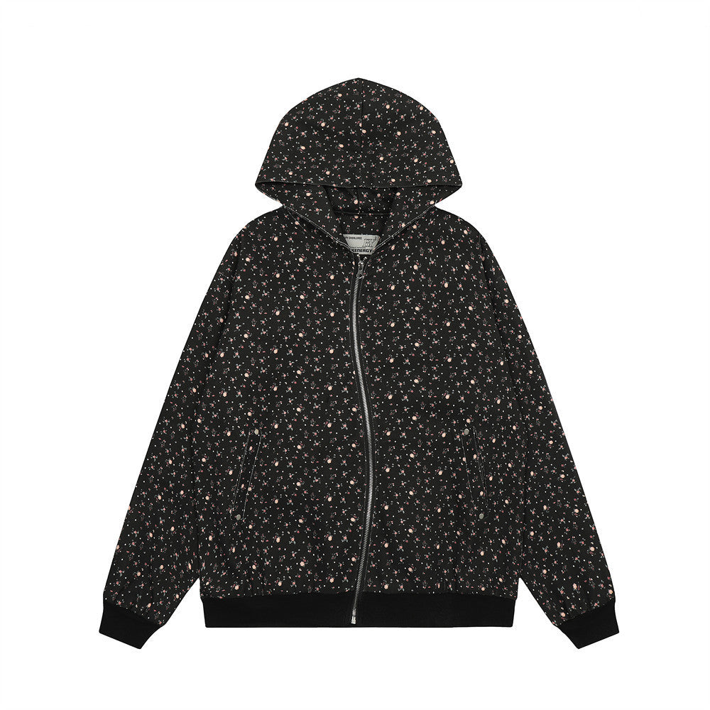 Now Available at Buy Center: Men's Loose Floral Design Irregular Zipper Hoodie Coat Black