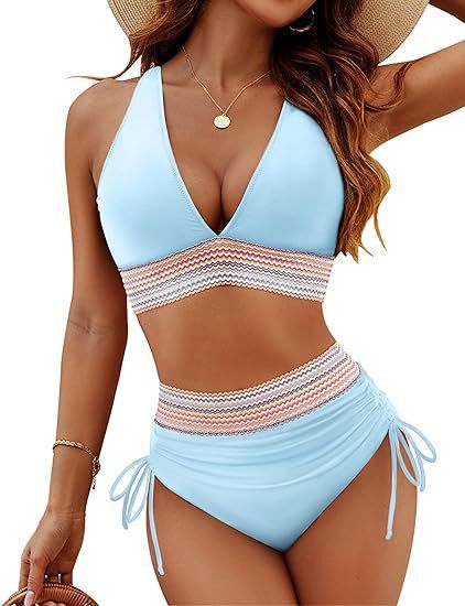 New Fashion Women's High Waist Bikini Split Suit Sky Blue