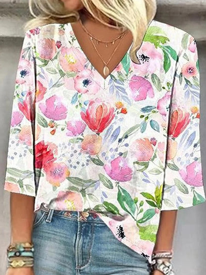 Fresh Arrivals at Buy Center: Women's European And American All-matching Printed Casual V-neck Shirt Printing E