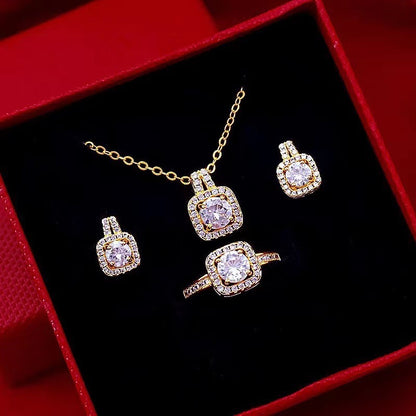 Fashion Jewelry Set Zircon Gem Pendant Chain Choker Necklace For Women Gold Color Stud Earring Statement Wedding Ring Gold Three Piece Set