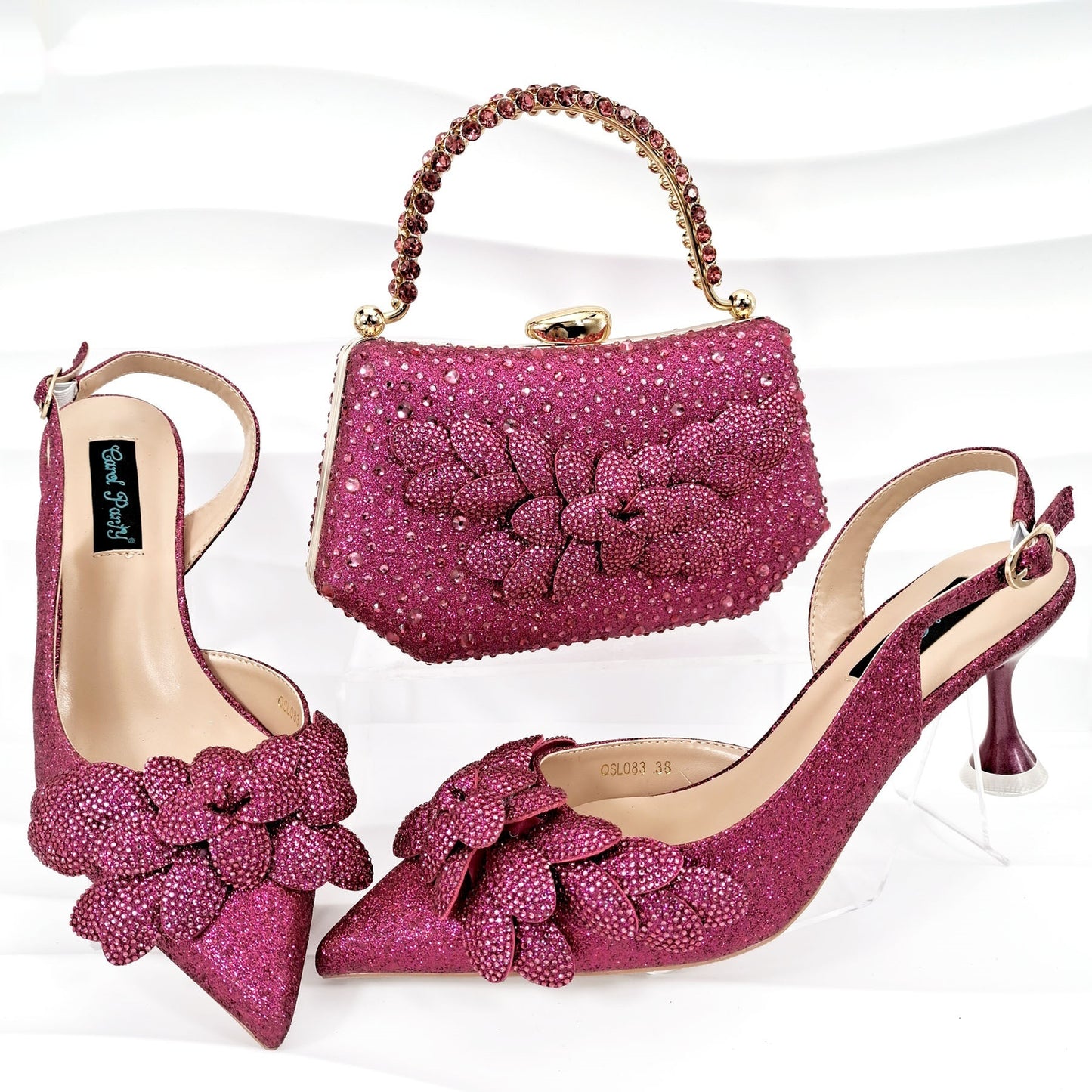 Conjunto de zapatos y bolsos de fiesta para damas transfronterizos hechos a mano con hojas decorativas y copas de vino