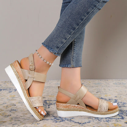 Trending Now at Buy Center: Spring And Summer New Wedge Round Toe Wide Strap Sandals For Women