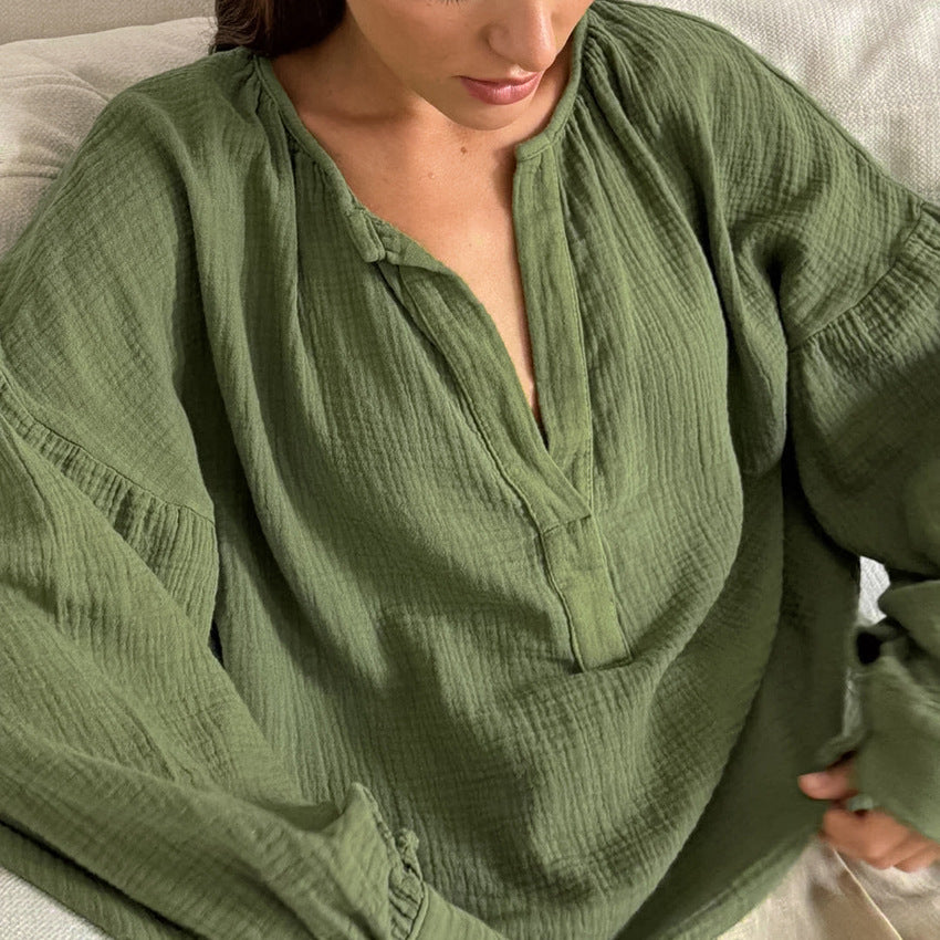 Buy Center Exclusive Offer-Simple Pure Cotton Design Lantern Sleeve Blouse Green