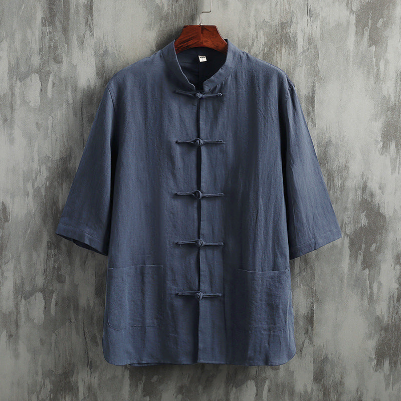 Fresh Arrivals at Buy Center: Stand Collar Linen Men's Short Sleeve Cotton Linen Shirt