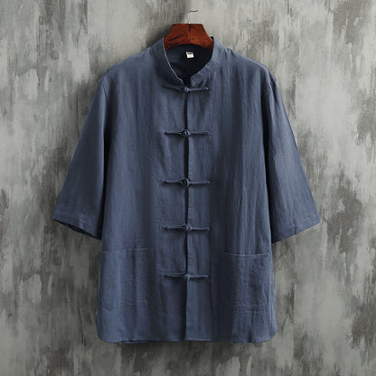 Fresh Arrivals at Buy Center: Stand Collar Linen Men's Short Sleeve Cotton Linen Shirt