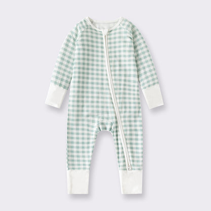 Hot New Items at Buy Center: Bamboo Fiber Clothes For Babies Long Sleeve Zipper Baby Jumpsuits Green Plaid