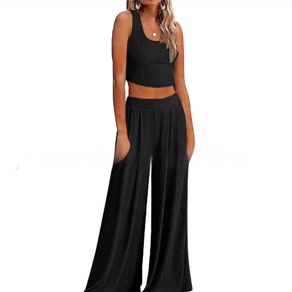 Just Arrived at Buy Center: Pajamas Rib Midriff-baring Top Loose Casual Wide-leg Pants With Pocket Back