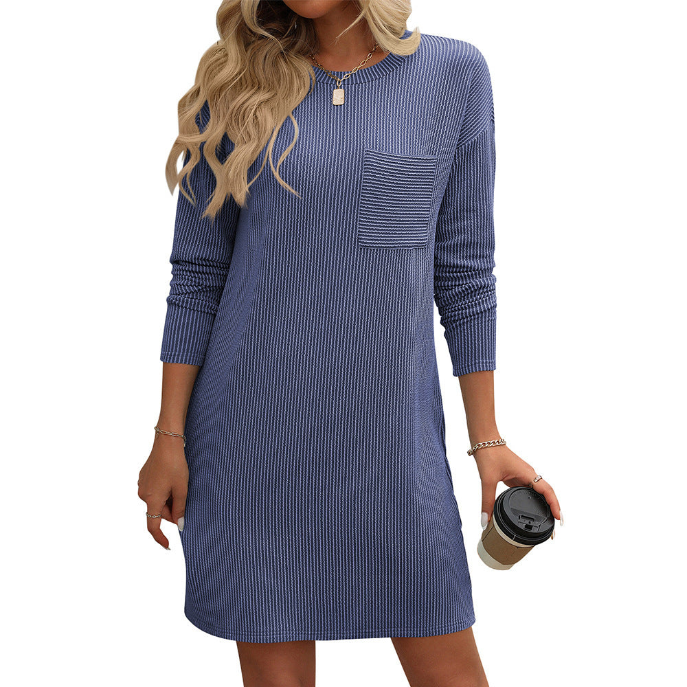 Fresh Arrivals at Buy Center: New Solid Color Striped With Pockets Long Sleeve Dress Fashion Round Neck Straight Dress Women's Clothing Royal Blue