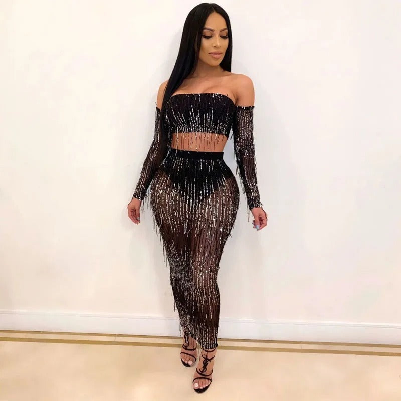 Fashion Sexy See-through Mesh Sequins Tassel Two-piece Set | Women's Clothing-Weddings & Events-Prom | Buy Center